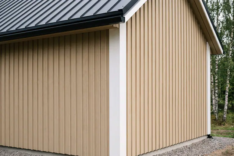 Husknut med stående träpanel i sandbeige, vita hörnbrädor och svart plåttak