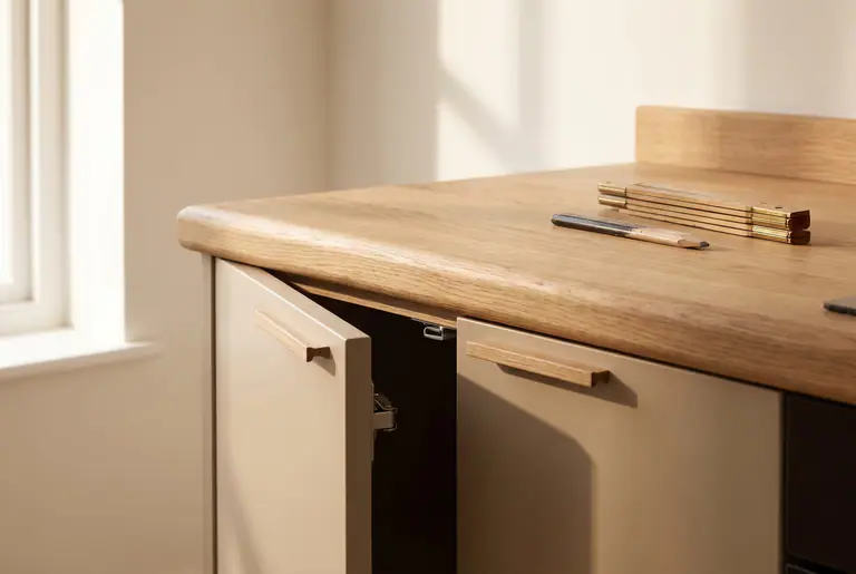 Skåpluckor i sandbeige med ekhandtag under en bänkskiva i ek, en lucka på glänt, tumstock och snickarpenna på bänken